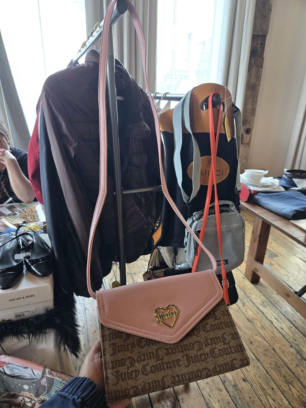 Juicy Couture Pink and Brown Logo-Print Crossbody with Gold Heart Accent